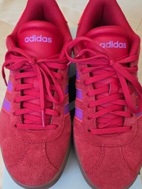 adidas Red Suede Platform Sneakers with Purple Stripes